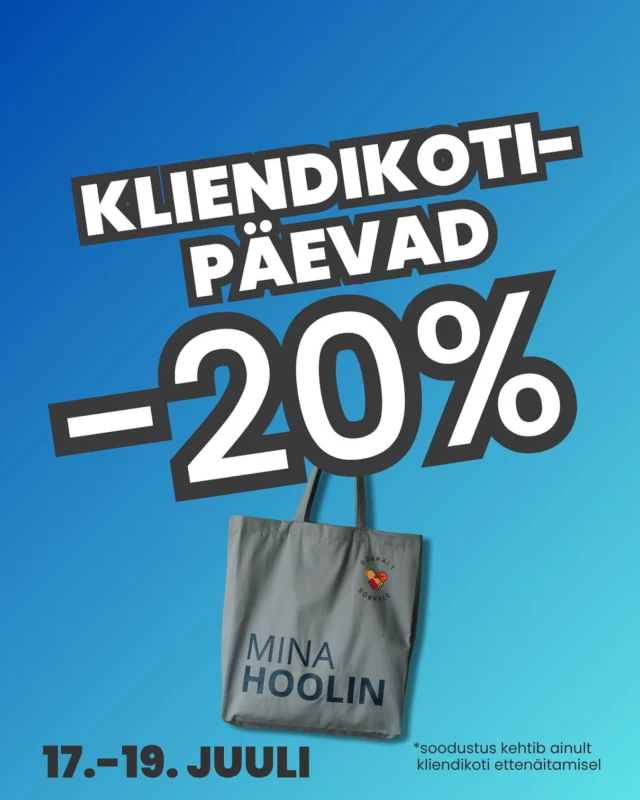 🩵KLIENDIKOTIPÄEVAD🩵

Meie kauplustes annab püsikliendile eelised mugav ja praktiline riidest kliendikott.
Kliendikoti ettenäitamisel kehtib 17.-19. Juulil 20% soodustus kogu kaubale.
Kliendikott maksab 5 eurot ja seda on võimalik osta kõigist Sõbralt Sõbrale korduskasutuskauplustest. Soodustuse saamiseks peab kott olema kliendiga kaasas ja seda tuleb klienditeenindajale näidata enne ostu sooritamist.
Allahindlus ei kehti kliendikoti ja kinkekaardi ostmisel.
Sõbralt Sõbrale kliendikotiga osaled heategevuslikus ringluses ning sellega saame üheskoos öelda:

🩵MINA HOOLIN mõistlikust tarbimisest
🩵MINA HOOLIN vaimse tervise edendamisest
🩵MINA HOOLIN abi vajajatest lastest ja peredest

Ühine meiega #sõbraltsõbrale ja kohtume kauplustes!
#sõbraltsõbrale #teemetarbideshead #tarbimetargalt