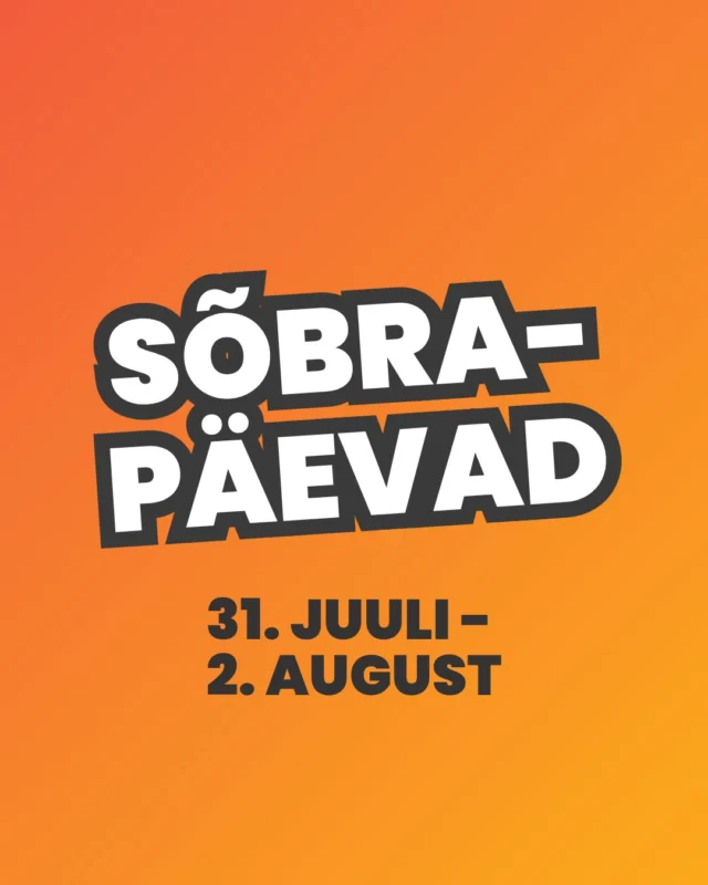 🧡 SÕBRAPÄEVAD 🧡

Neljapäevast laupäevani on meie korduskasutuskauplustes sõbrapäevad. 👫

Sõbrapäevadel on kõik riided ja kodukaup soodushinnaga (neljapäeval -30%, reedel -50% ja laupäeval -70%). Valik mööblit ja vaipu on kuni 50% soodustusega. 🙌

Iga ost ja annetus toetab heategevuslikku ringlust! 🫶

#teemetarbideshead #tarbimetargalt #sõbraltsõbrale  #heategevuslikringlus