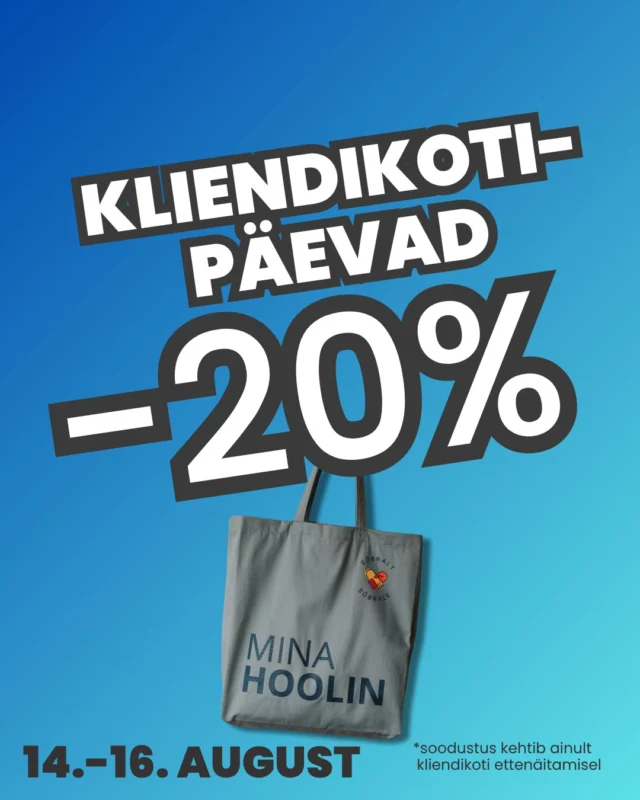 🩵KLIENDIKOTIPÄEVAD🩵

Meie kauplustes annab püsikliendile eelised mugav ja praktiline riidest kliendikott. 

Kliendikoti ettenäitamisel kehtib 14.-16. augustil 20% soodustus kogu kaubale.
Kliendikott maksab 5 eurot ja seda on võimalik osta kõigist Sõbralt Sõbrale korduskasutuskauplustest. Soodustuse saamiseks peab kott olema kliendiga kaasas ja seda tuleb klienditeenindajale näidata enne ostu sooritamist.
Allahindlus ei kehti kliendikoti ja kinkekaardi ostmisel.
Sõbralt Sõbrale kliendikotiga osaled heategevuslikus ringluses ning sellega saame üheskoos öelda:

🩵MINA HOOLIN mõistlikust tarbimisest
🩵MINA HOOLIN vaimse tervise edendamisest
🩵MINA HOOLIN abi vajajatest lastest ja peredest

Ühine meiega #sõbraltsõbrale ja kohtume kauplustes!
#sõbraltsõbrale #teemetarbideshead #tarbimetargalt #heategevuslikringlus